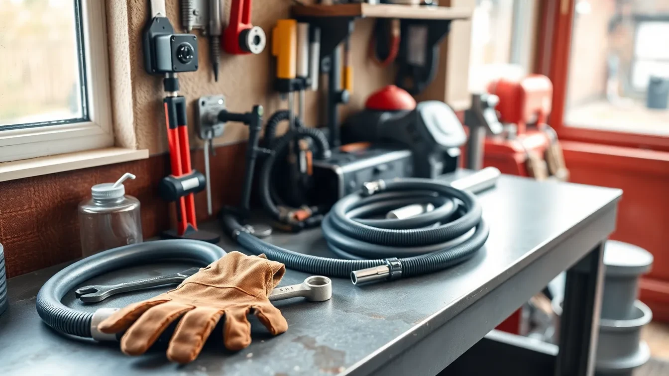 Drainage tools on workshop bench
