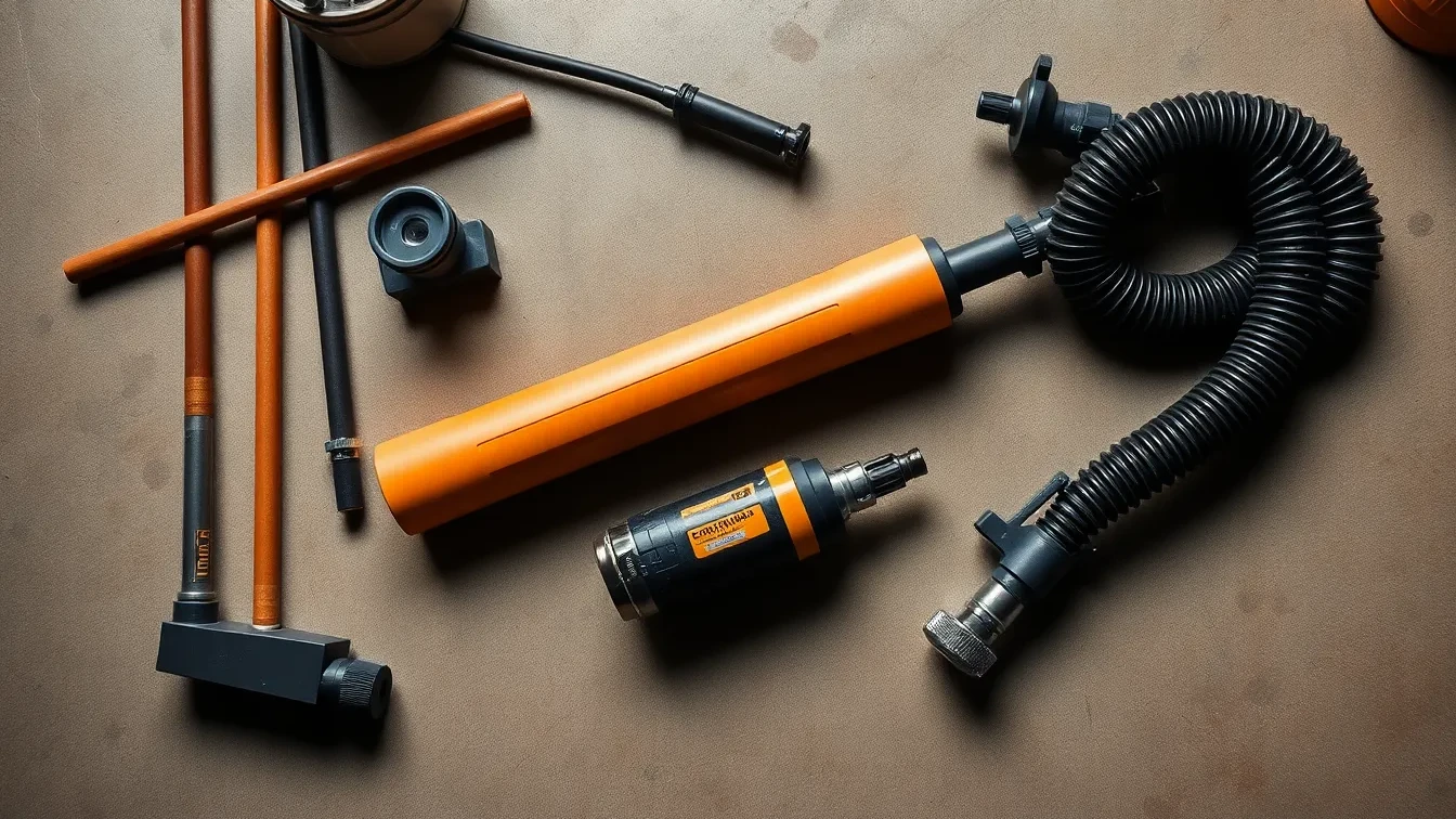 Flat-lay of drain rods, CCTV camera and jetting hose