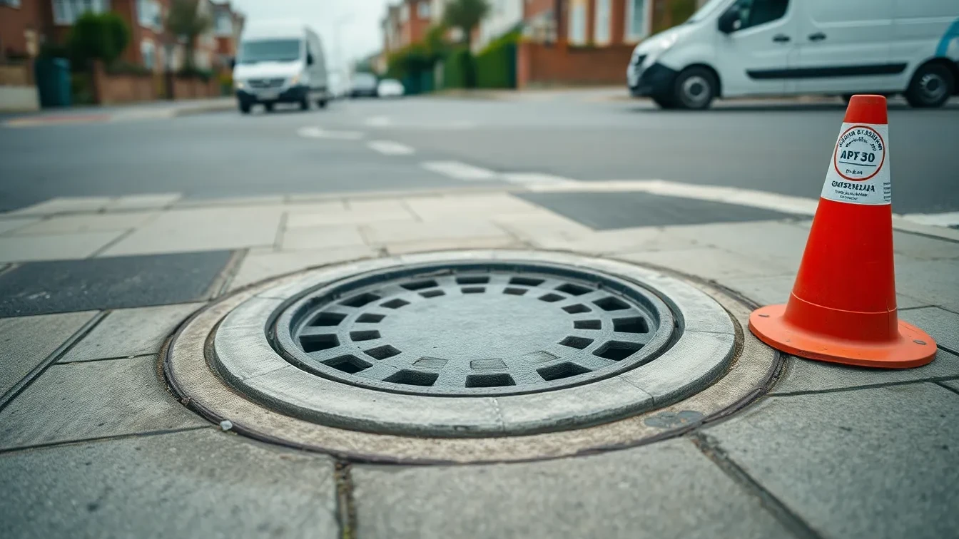 Open manhole on Portsmouth suburban pavement