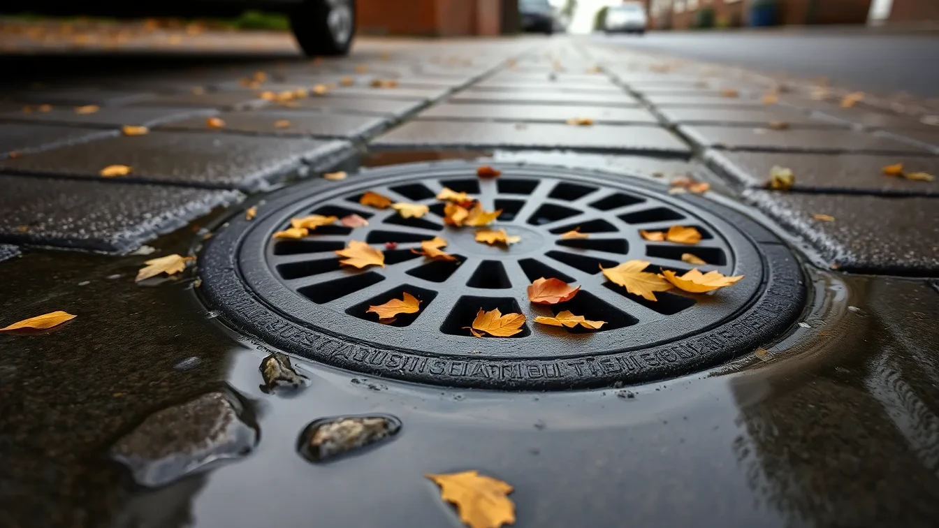 Drain grate on wet Hampshire pavement